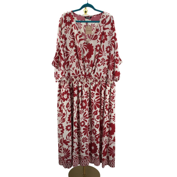 BLOOMCHIC 14-16 1X Plus White Floral Print V Neck Pockets Midi Dress NWT B126 - Picture 1 of 12